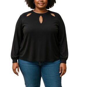 INC Cut Out Teardrop Neckline Sheer Sleeve Sweater Black 1X
